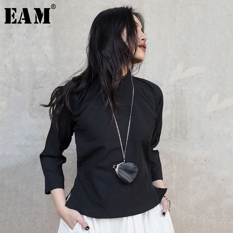 

[EAM] 2019 New Autumn Winter Stand Collar Long Sleeve Black Loose Slanting Threshold Short Jacket Women Coat Fashion Tide JR382