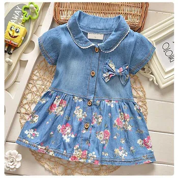 

Baby Girl Denim Dress Summer Children Short Sleeve Casual Style Girls Denim Turn Down Collar Kids Princess Bowknot Flower Dress