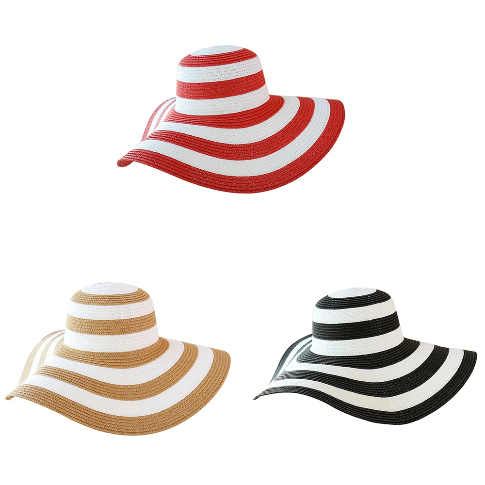 مخطط الشمس حماية قبعات في الهواء الطلق Sunhats المرأة سترو قبعة الصيف الكلاسيكية مخطط القش قبعة كبيرة حافة الشاطئ في الهواء الطلق قبعات