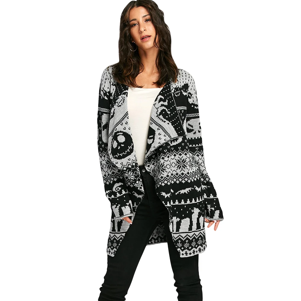 

Wipalo Halloween Skull Knitting Tunic Cardigans Autumn Winter Women Long Sweaters Open Stitch Knitted Outwear Female Cardigan
