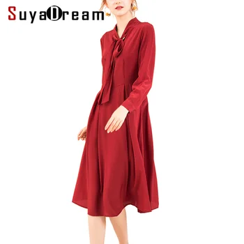 Women Silk Dress 23mm 100% REAL SILK Crepe Bow collar Long Dresses for Women Heavy Silk 2019 Spring New Office lady Dress Wine Women Silk Dress 23mm 100% REAL SILK Crepe Bow collar Long Dresses for Women Heavy Silk 2019 Spring New Office lady Dress Wine