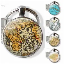 Vintage Map Key Chain Glass Pendant Literary Silver Jewelry Greek Caribbean Thailand Barcelona Hawaii Map Key Ring thailand imports genuine gv new moon key pendant