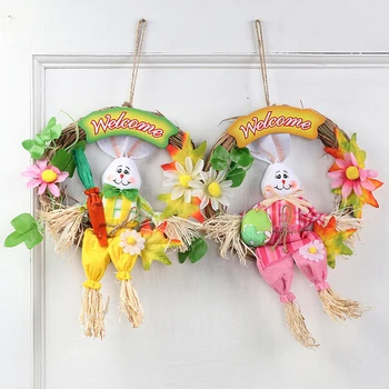 

2 Pcs Rattan Garland with Harvest Scarecrow Sitting on it Floral Hanging Decoraiton for Easter(Pink/Yellow)