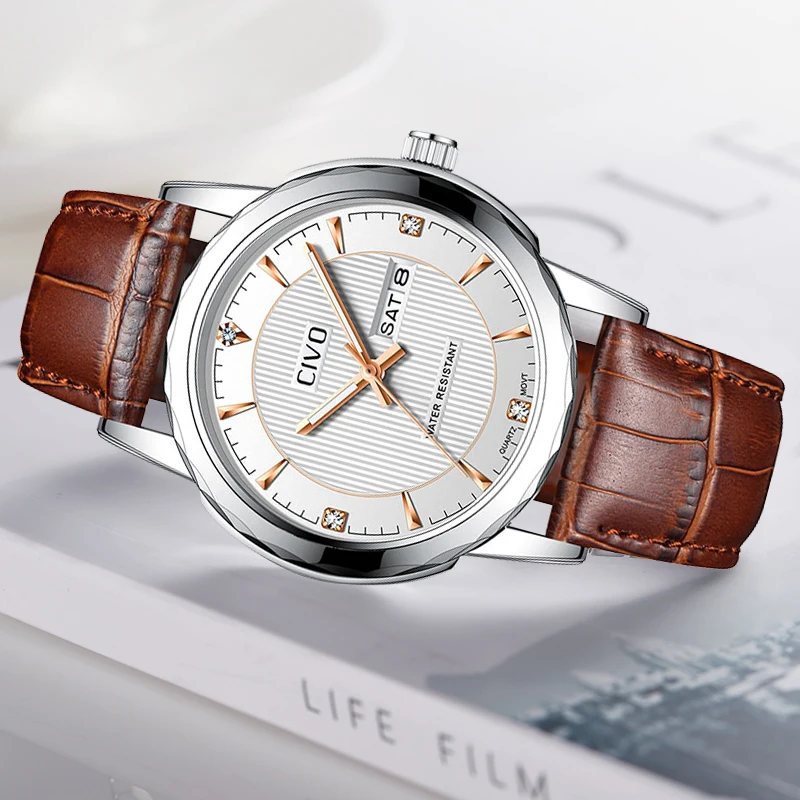 

CIVO Reloj Hombre Mens Watches Genuine Leather Luxury Waterproof Calendar Analogue Watch Clock Quartz Wrist Watches Herrenuhr