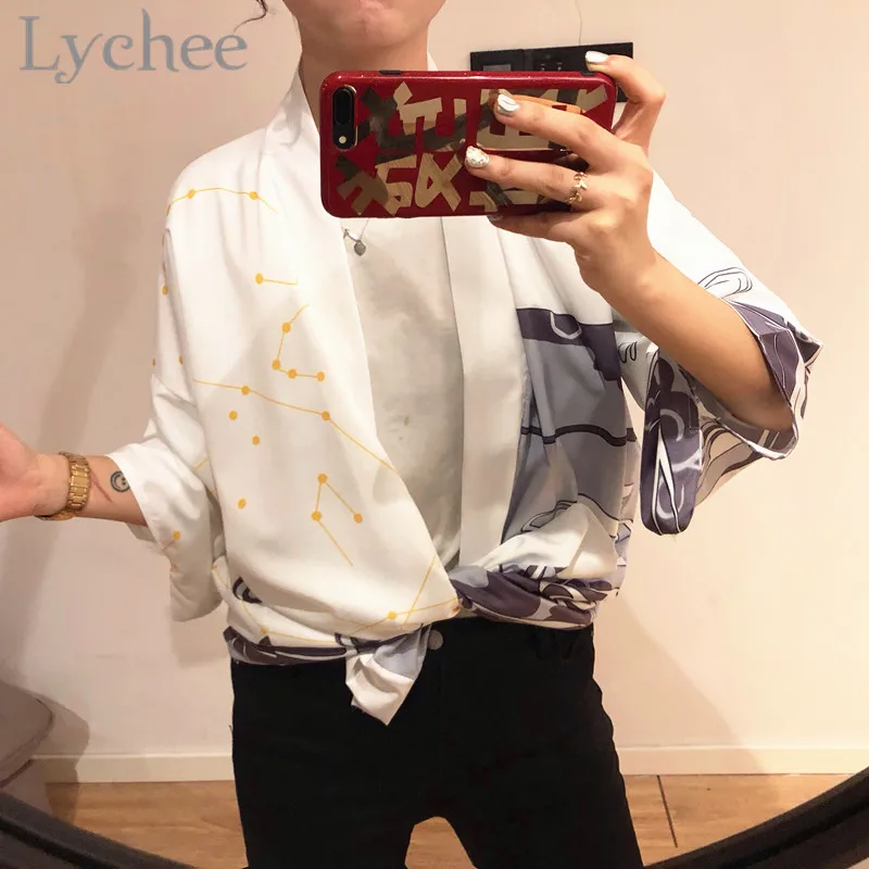 Женский кардиган Lychee с японским принтом животных блузка V образным вырезом и