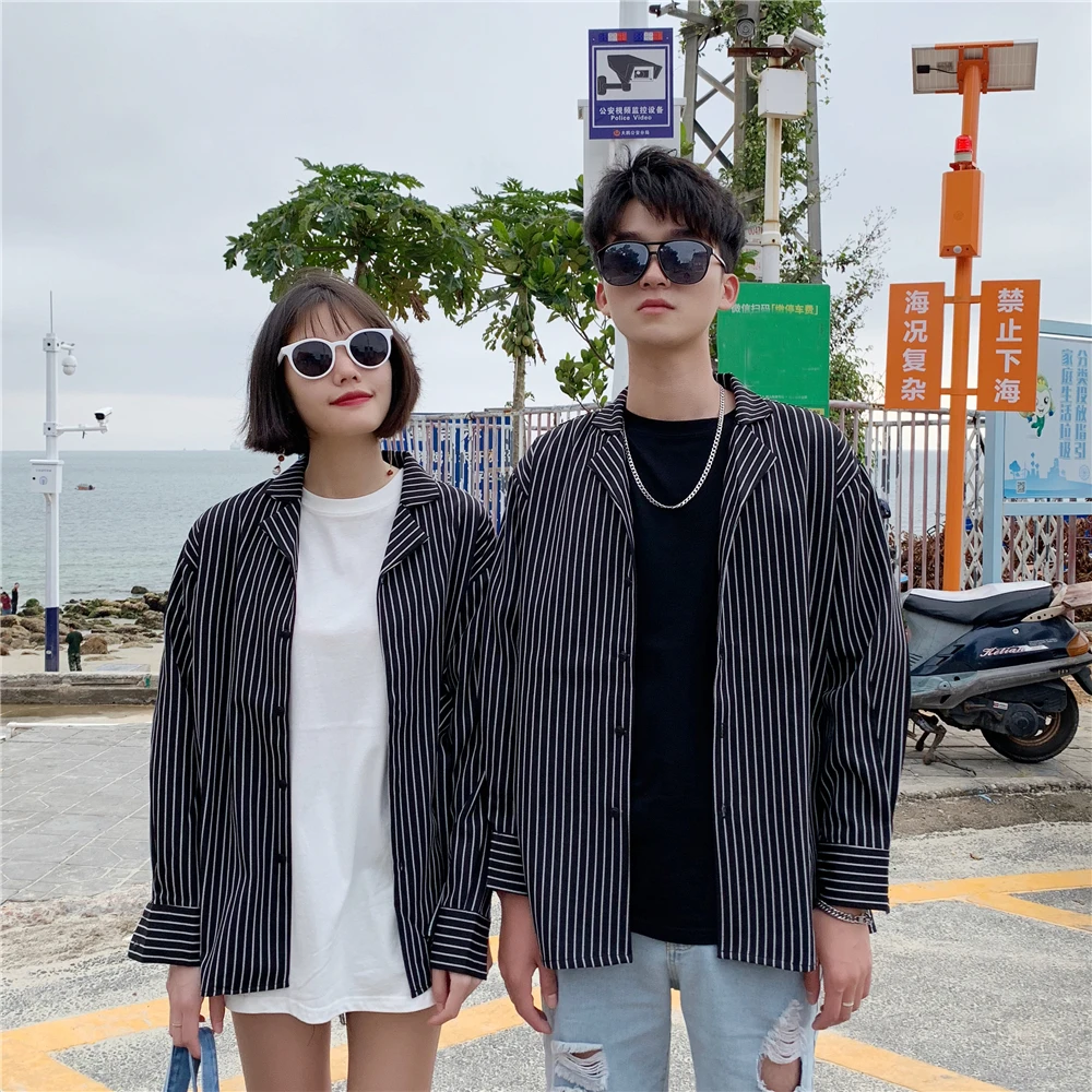 

Spring Summer Wear New Pattern Pajamas Amorous Feelings Companions Cold Wind Men And Women Fund black strips Long Sleeve Shirt