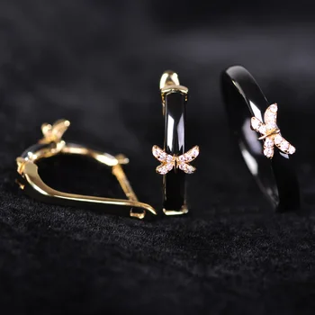 

Blucome Black Ceramic Earrings Ring Set Rhinestone Butterfly Accessories Soft Copper Stud Earrings For Bridal Women Jewelry Sets