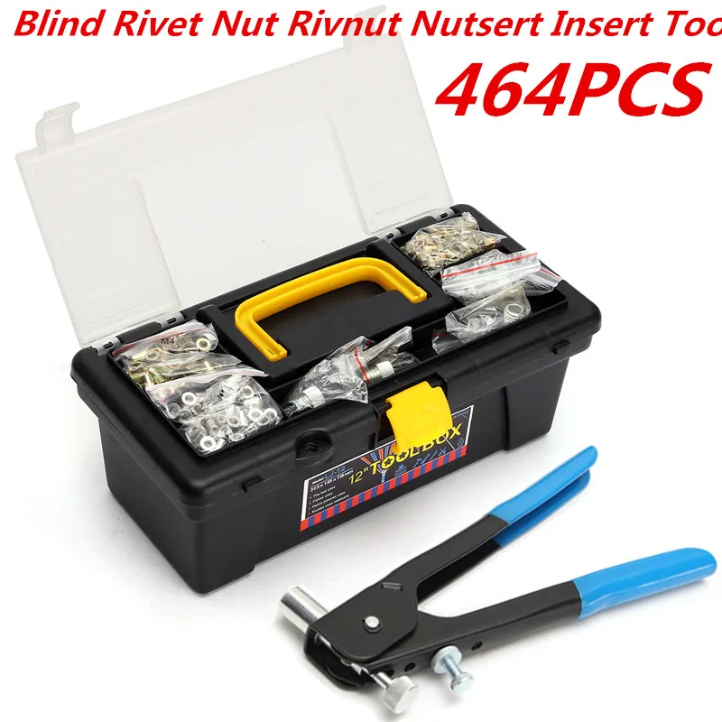 

464pcs M3 M4 M5 M6 M8 Ciego Remache Rivet Nut Rivnut Nutsert Insert Alicate Set Steel + Aluminum High Quality Hand Riveting Tool