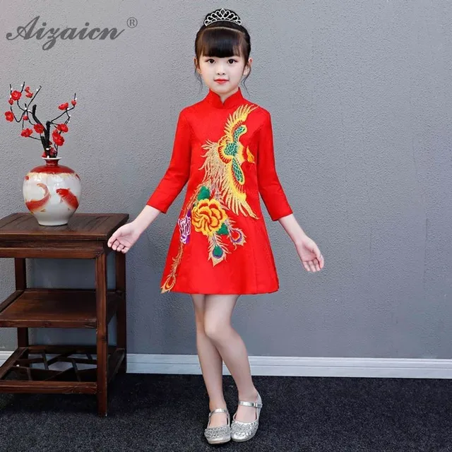 Chinese New Year Costume Kids Girl Child Princess Dress Red Phoenix