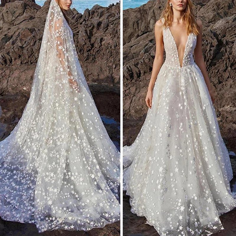 

Women's Formal Dress Sexy Deep V-Neck Sleeveless Wedding Fairy Tulle Big Pendulum Long Dress