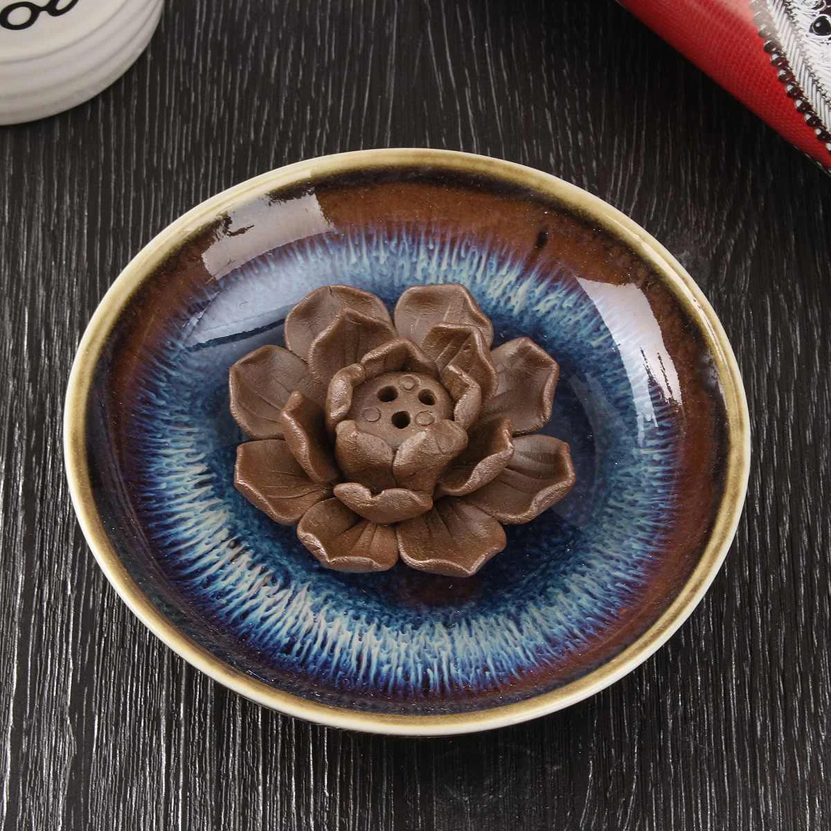 3 Holes Ceramic Incense Burners Holder Handmade Lotus Flower Incense