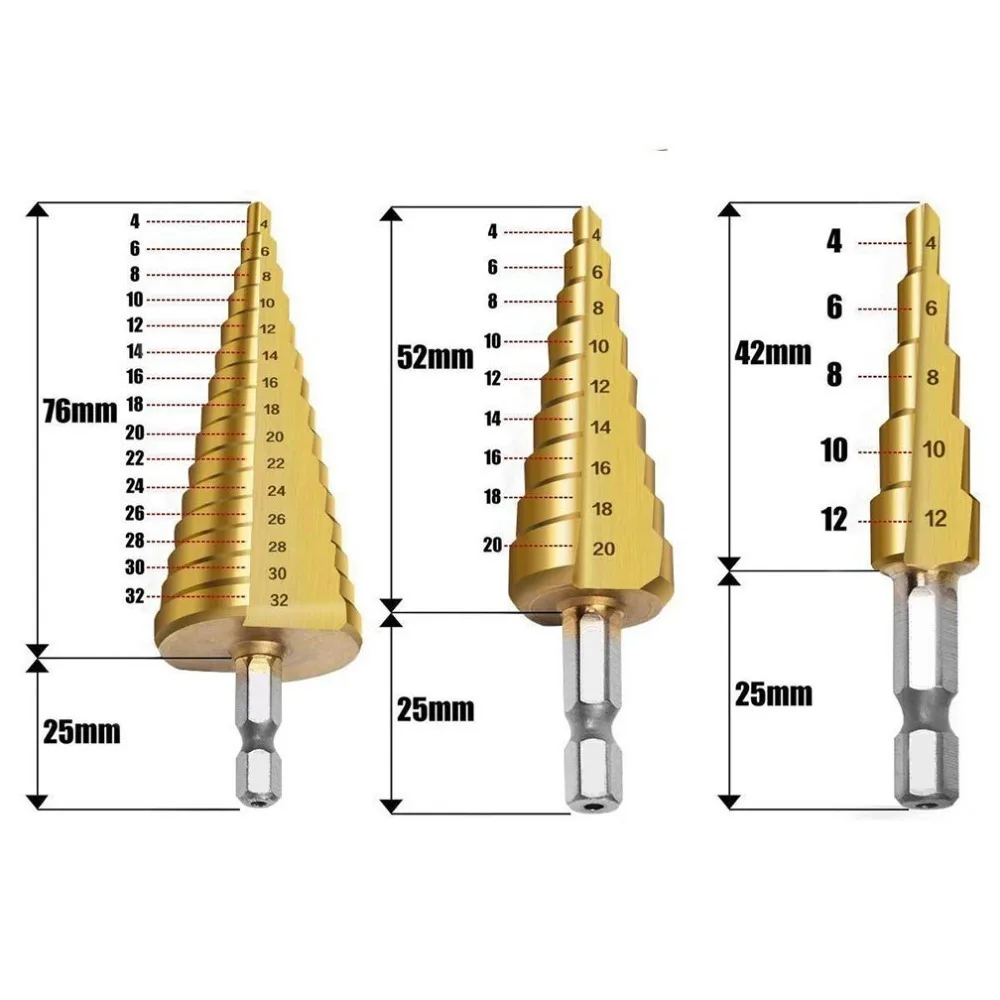 Пегаса 3 шт. Hss шаг конус сверла по металлу Пластик дыропробивной пресс метрических на возраст от 4 до 12 лет/20/32 мм 1/" Титан с металлическим покрытием шестигранной конической