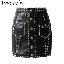 Юбки с тяжелыми заклепками из искусственной кожи, высокая талия, однобортная Мини-Юбка Для Женщин, стиль панк,, Весенняя мода, E298