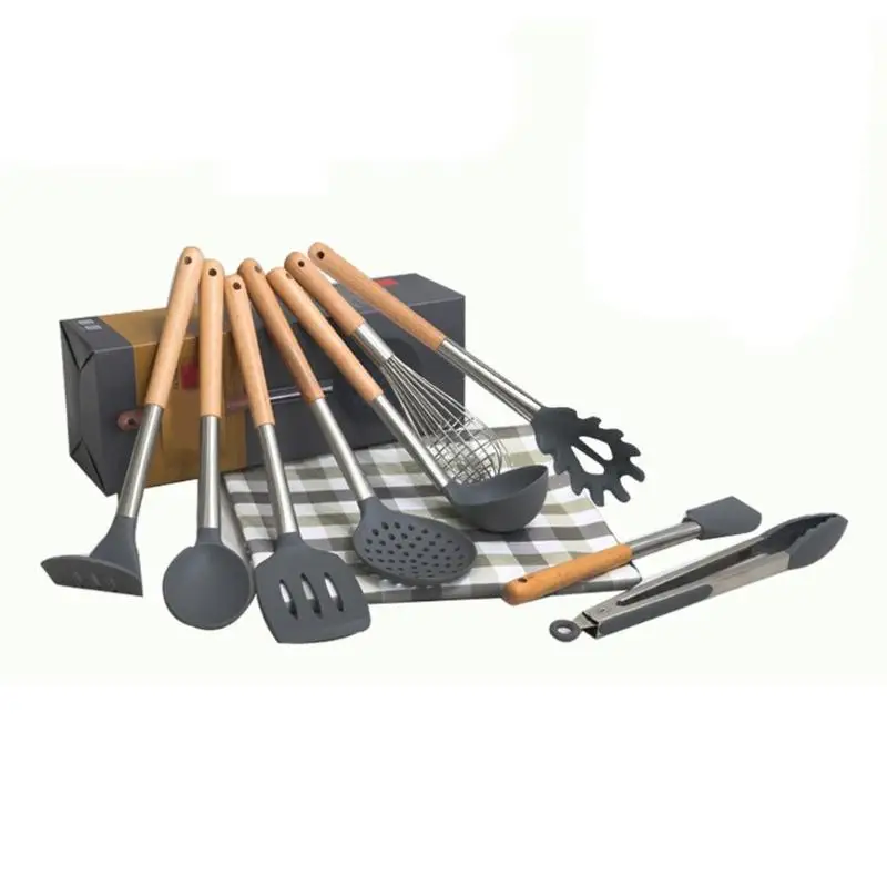 Vktech 9 шт. силиконовая деревянная ручка ложка-Лопатка антипригарная кухня набор инструментов для приготовления пищи Силикон + деревянная
