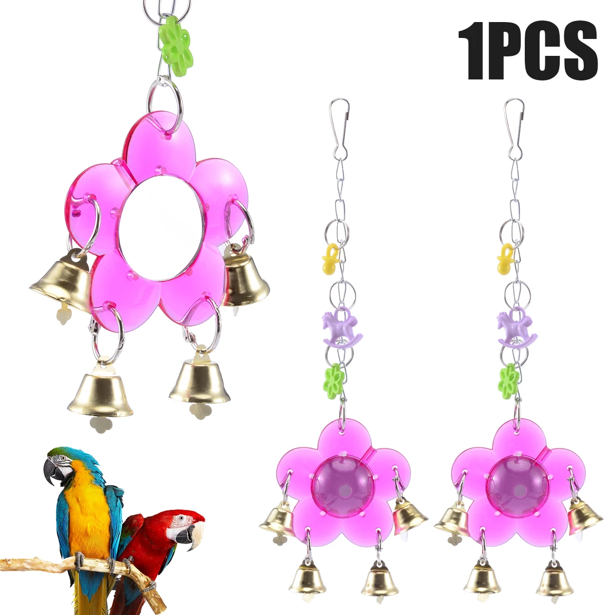 Mayitr Random Color Parrot Chew Bell Mirror Play Toys Acrylic Swing