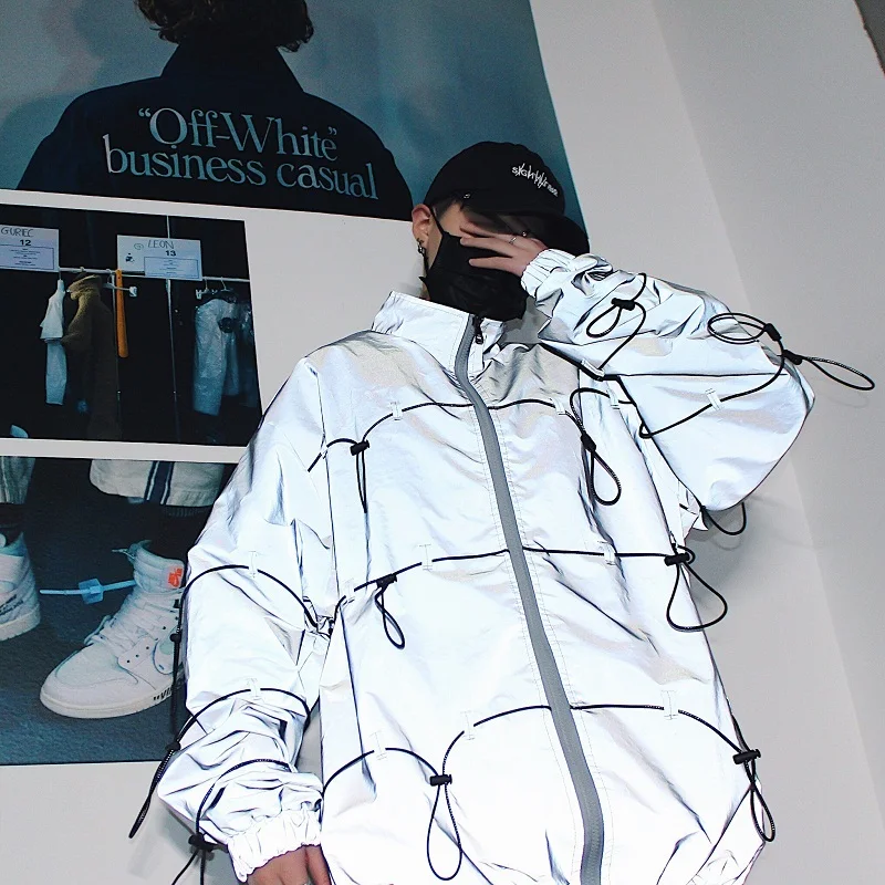 Spring New Jacket Men Fashion Solid Color Casual Reflective Jacket Man Streetwear Wild Hip Hop Loose Bomber Jacket Male Clothes