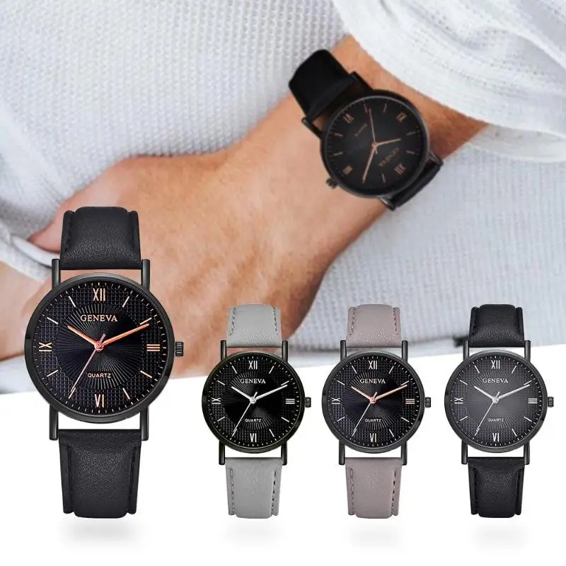 

Simple Leather Strap Quartz Watches Men Round Dial Round Analog Wristwatch