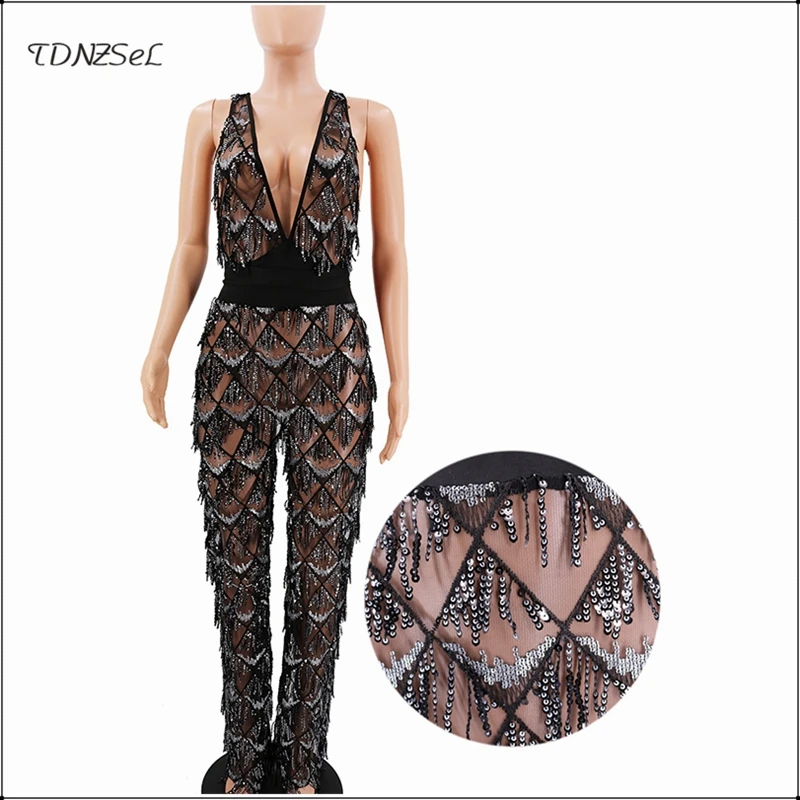 Women Sexy Sequin Mesh See Through Jumpsuit Bandage Backless Deep V Nightclub Erotic Party Tassel Glitter Transparent Rompers
