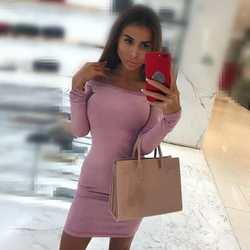 

Spring Off Shoulder Women Suede Dress Female Sexy Mini Bodycon Dress Long Sleeve Party Club Dresses