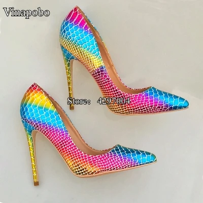 New Pointed Toe Shoes Women Colorful Rainbow Snake Printed Pumps 8/10/12cm High Heels Genuine Leather Stilettos Women Shoes