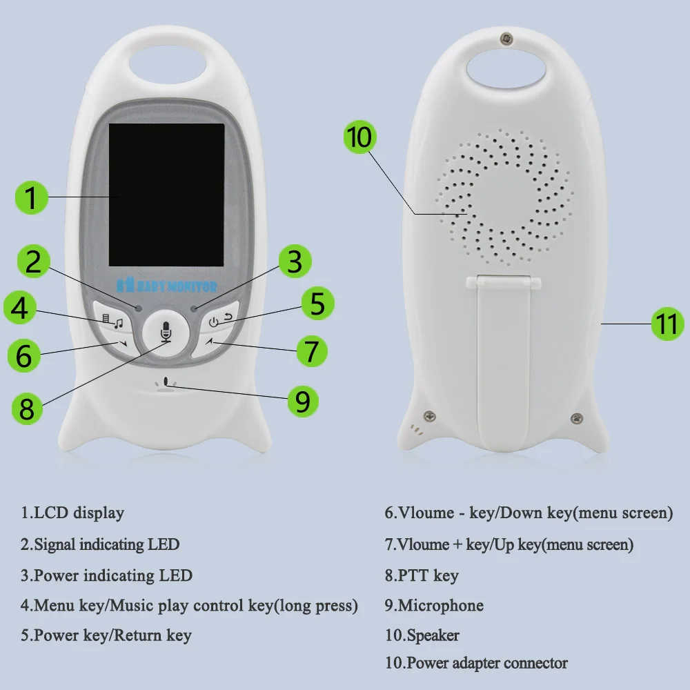 

Wireless Video Baby Monitor 2.0 inch Color Security Camera 2 Way Talk NightVision IR LED Temperature Monitoring with 8 Lullaby