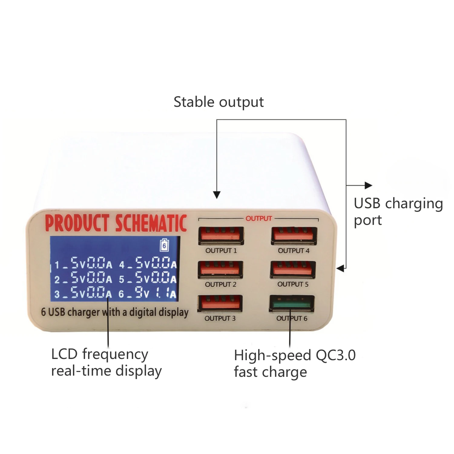 QC3.0 USB Зарядное устройство 6-Порты и разъёмы Зарядное устройство смарт мульти-Порты и разъёмы Зарядное устройство мобильного телефона Зарядное устройство ЖК-дисплей Дисплей, штепсельная вилка европейского стандарта