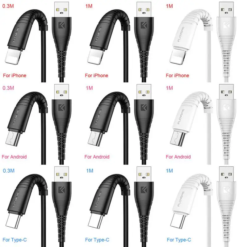 

Floveme 30cm/1m 2.4A USB Fast Charging Cable Sync Data Cable Charger For IOS IPhone XS XR IPod IPad Android Type C