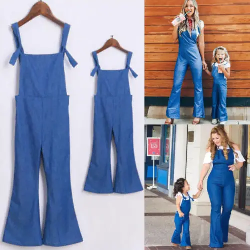 

Emmababy Fashion Mother Daughter Matching Jumpsuit Ladies Kids Girls Casual Solid Denim Overalls Slim Pants Outfits