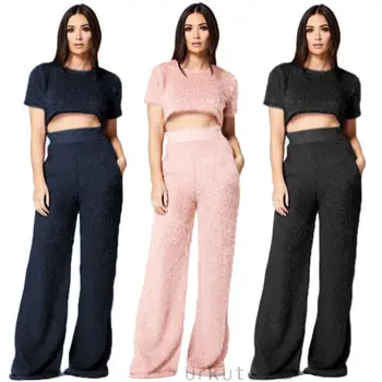 

Autumn Retro New Style Solid Casual Fluffy Short Sleeve Slim Fit Crop Tops Wide Leg Loose Pants Sets Winter Warm Women Suits