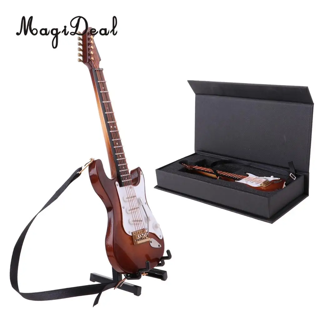 

1/6 Scale Miniature Musical Instrument Model Come With Stand&PU Box for Dollhouse Decor Dolls Acc - Wooden Brown Guitar Model