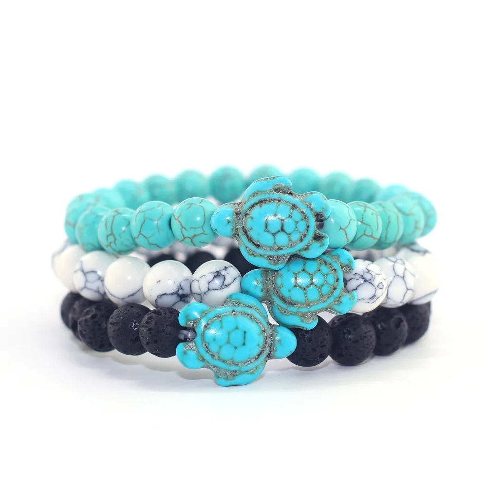 Volcanic Stone White Turquoise Blue Turquoise Turtle Couple Elastic Bracelets Male Female Single-circle Beaded Female Bracelet