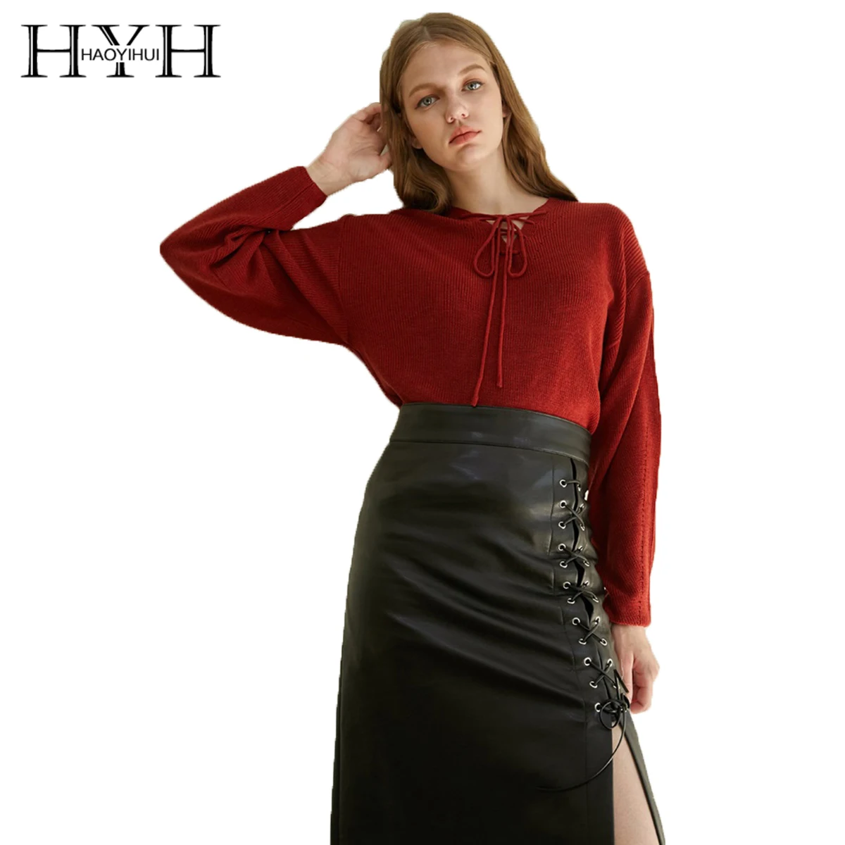 

HYH HAOYIHUI Elegant Leather Asymmetric Straps Open Patchwork Pencil Skirt High Waist Women Single Breasted Slim Midi