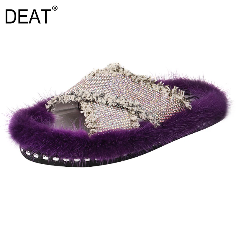 

[DEAT] 2019 New Spring Summer Round Toe Shallow Fur Pu Leather Crystal Casual Outside Flat Slippers Women Shoes Fashion 10SJ934