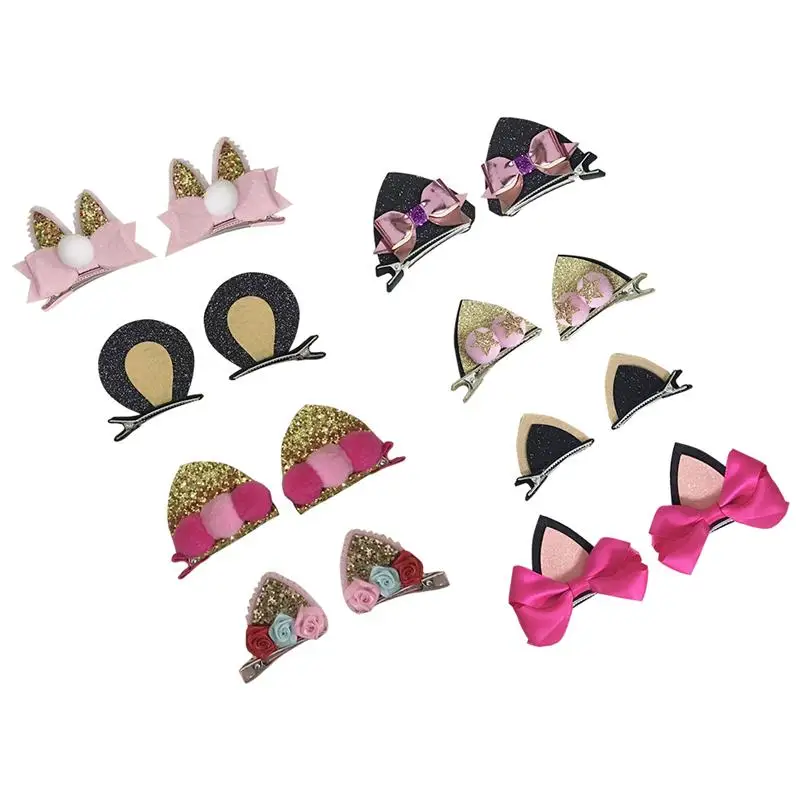 8 Pairs Cute Baby Girls Cat Ear Hair Bows Clips Barrettes for kids