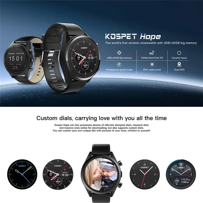 Kospet надежда 3g + 32G 4G-LTE SmWatch 1,39 'AMOLED wifi gps/ГЛОНАСС 8MP Android7.1.1