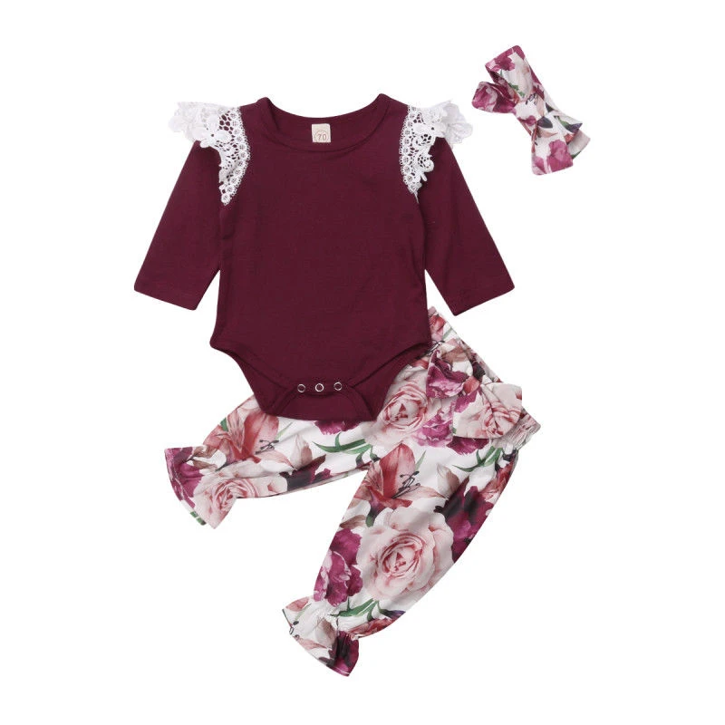 3Pcs Cute Newborn Baby Clothing Infant Girl Sets Girls Lace Romper Floral Pants Headband Toddler
