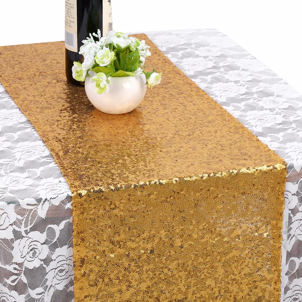 

Gold/Silver/Rose Gold Table Runner Sequins Mesh Fabric Table Runner Embroidered Banquet Table Decoration Accessories 275X30CM