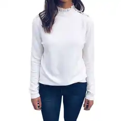 Новый женский новый осенне-зимний вязаный пуловер Топ однотонный длинный рукав с круглым вырезом кружева плечо пряжка дизайн Повседневный
