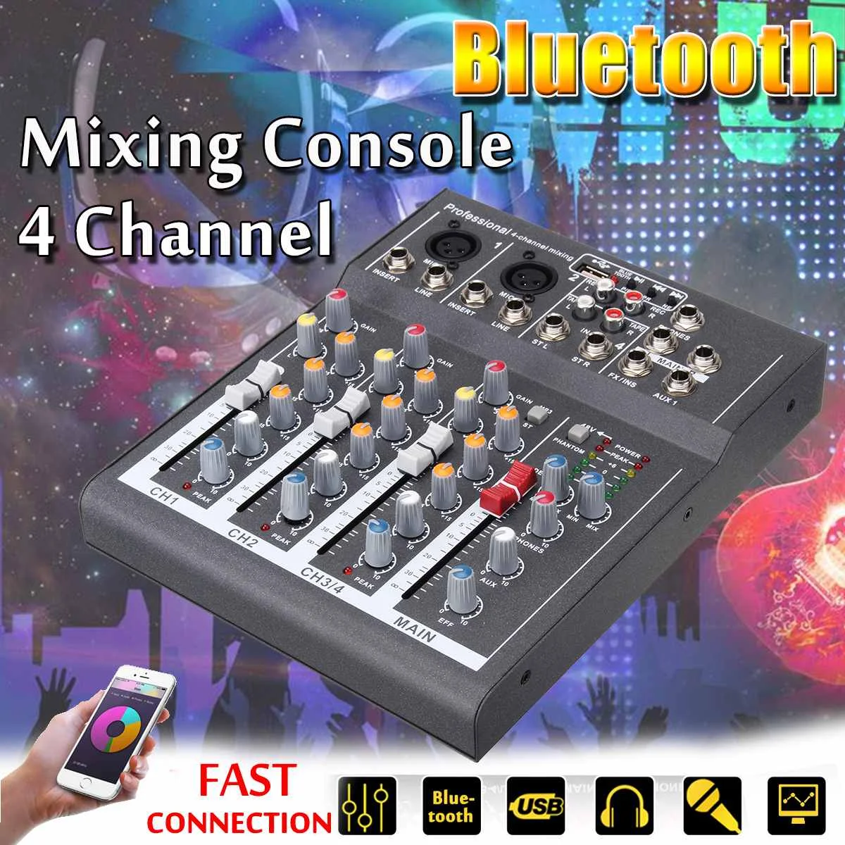 

4 Channel Professional USB Jack Portable Audio Mixer bluetooth Record Phantom Power Live Studio Audio DJ Sound Mixing Console