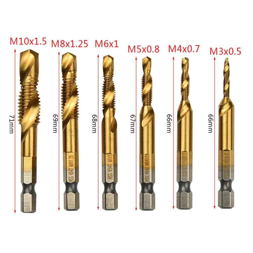 

6pcs Screw Tap Metric Hexagonal Handle Composite Tap Titanium Plated Drill Bit Hole Opening Tapping Chamfering HSS 6542