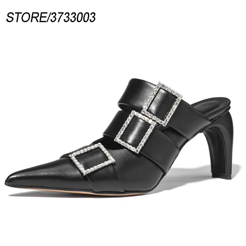 

2019 Bling Bling Rhinestone Buckle Slipper Women Pointed Toe Cut-out Strange High Heel Shoes Woman Fashion Muller Shoes