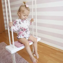 Nordic Style Kids Indoor Patio Swings Child Rocking Wood Seat with Cushion Safety Baby Hanging Hommock Lounge Swing Chair HW06