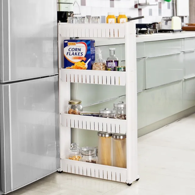 Special Price SoBuy FRG42-W,4 Tiers White Kitchen Cabinet Storage Cupboard with Casters, Slide Out Storage Rack