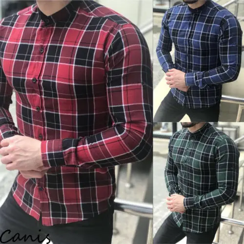 Men's Shirts Checked Plaid Long Sleeve Slim Shirt V-Neck Formal Spring NEW Fashion Casual Men Tops Shirt