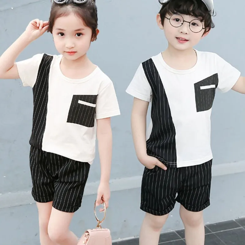 

Children Clothing Unisex Summer Baby Big Girls Kids Outfits 2019 Boys 2 Pcs Striped Patchwork T Shirt Tops & Shorts Suit Clothes