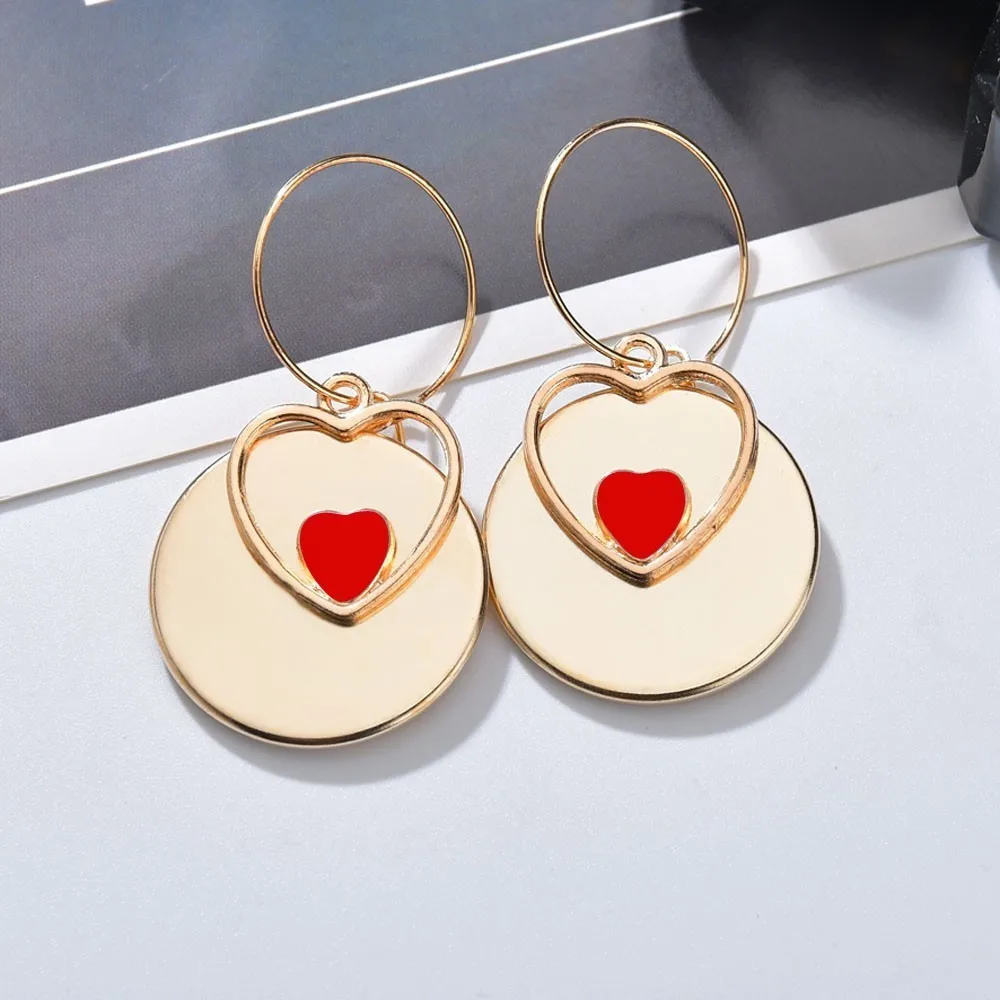 

Women Gold Round With Double Heart Drop Earrings For Wedding Party Trendy Jewelry Female Drop Earings Handmade Earring Jewelry