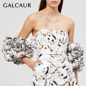 

GALCAUR Print Ruffles Puff Sleeve Shirt For Women Off Shoulder Strapless Slim Crop Tops Female Fashion Clothes 2020 Summer New