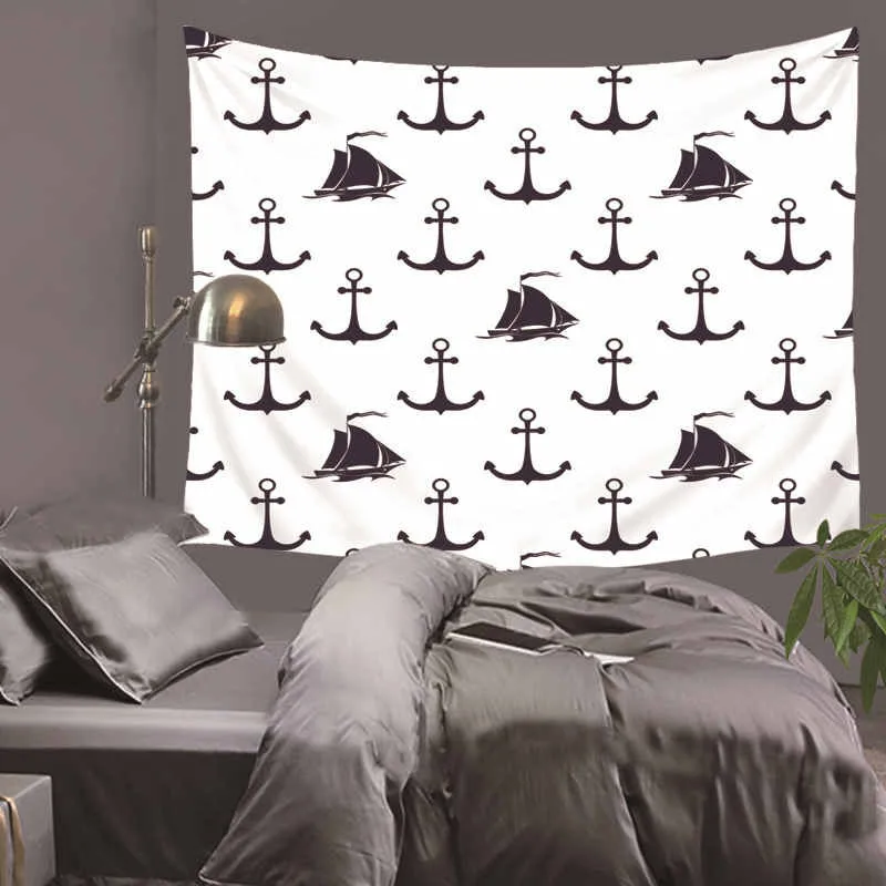 

Cutom Tapestry Wall Hanging,Navy Nautical Pattern with Anchor and Windrose in Rope Stripes Navigation Sea Adventure Indigo White