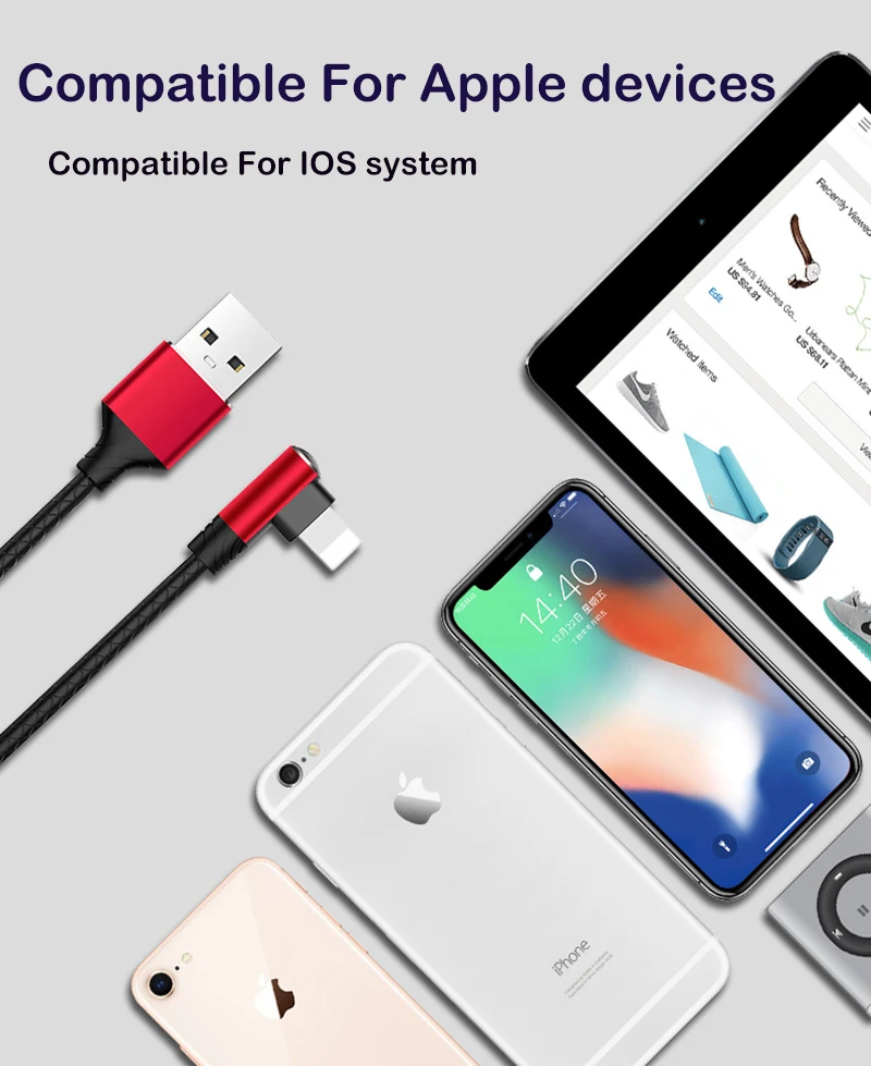 الكوع 90 درجة كابل يو اس بي ل فون Xs ماكس سريع كابل شحن لباد 1 m 2 m USB كابل الشاحن L نوع الهاتف المحمول كابل بيانات