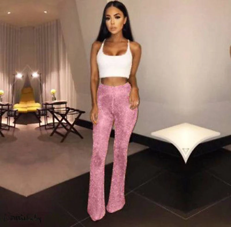 

Sexy Women Shiny Flare Pant Glitter Sequins Disco Trousers Drawstring Club Party Evening Slim Fit Pants NEW